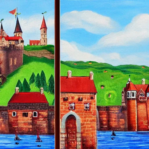 Image similar to a painting of a castle with a red roof, banners flying from the turrets, a green countryside and a stone arch bridge over it, diptych, traditional folk art painting on wood, traditional narrowboat painting on wooden panels