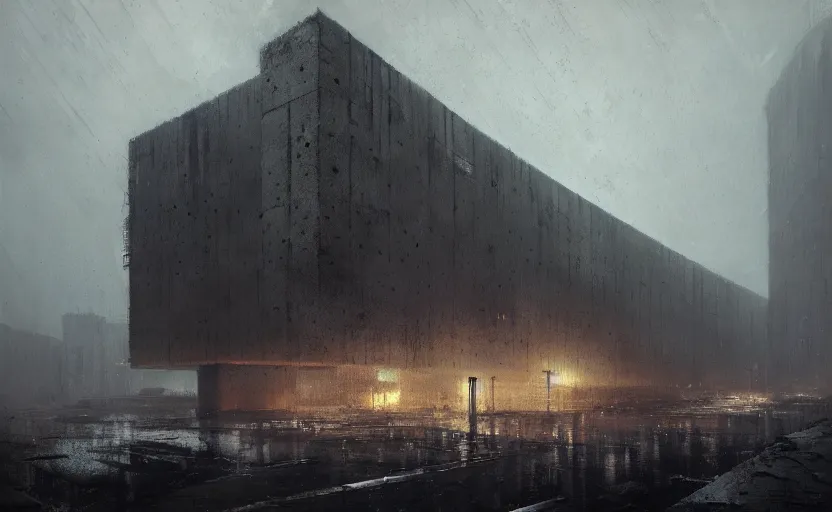 Prompt: An Exterior wide angle shot of a brutalist architecture by Peter zumthor, Greg Rutkowski and Craig Mullins, Dark atmospheric sad and cinematic lighting, Trending on artstation