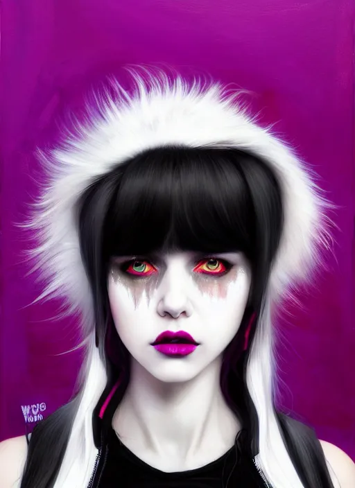 Image similar to portrait of white teenage girl, normal face, black bangs, mall goth, cyberlox, black and white hair, bangs, fluffy bangs, red contacts, purple lipstick, intricate, elegant, highly detailed, digital painting, artstation, concept art, sharp focus, smooth, illustration, art by wlop, mars ravelo and greg rutkowski