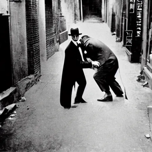 Prompt: old black and white photo, 1 9 2 5, depicting batman fighting a al capone in black tie and suit in an alley of new york city, rule of thirds, historical record