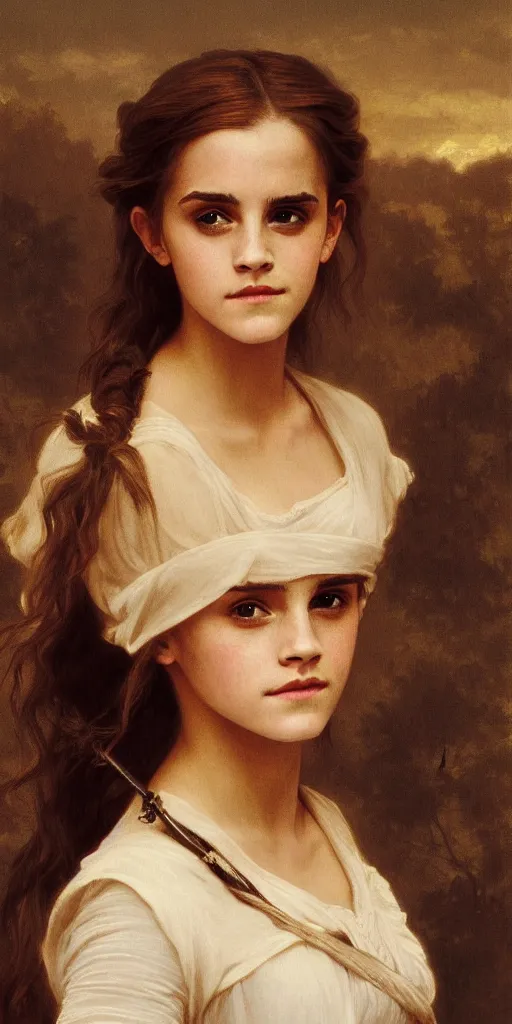 Image similar to Painting of Emma Watson as Hermione Granger. Art by william adolphe bouguereau. During golden hour. Extremely detailed. Beautiful. 4K. Award winning.