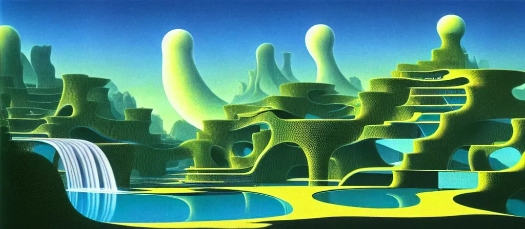 Image similar to huge gargantuan angular dimension of infinite poolsides, buildings by escher and ricardo bofill. utopian landscape by roger dean. magical realism, surrealism, waterfalls, clouds, mallsoft, vaporwave, trending on artstation, shot from below, epic scale