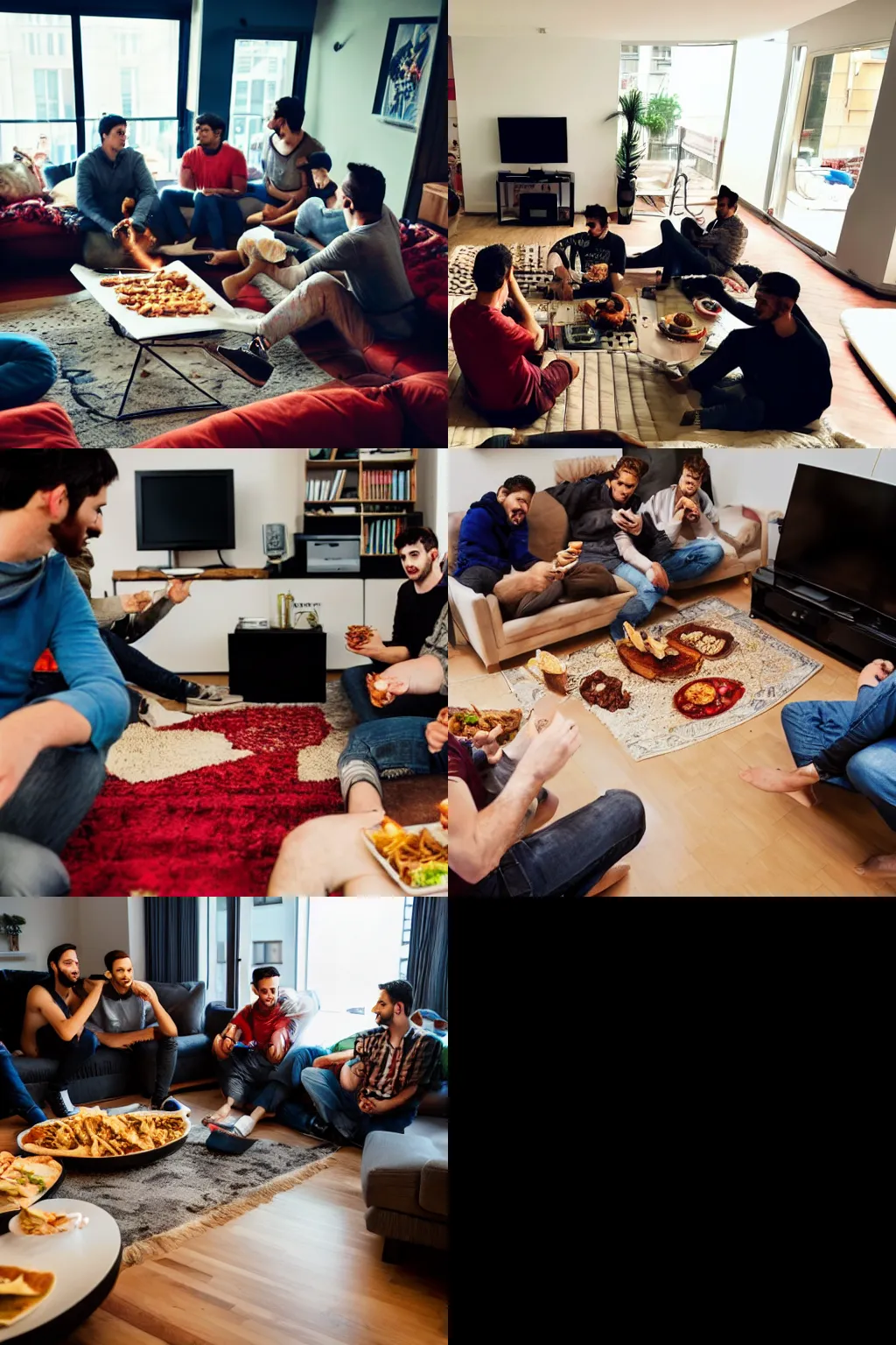 Prompt: A bunch of friends are sitting on a sofa in at a friends apartmant, they all eat Shwarma and play the playstation 5. wideshot.