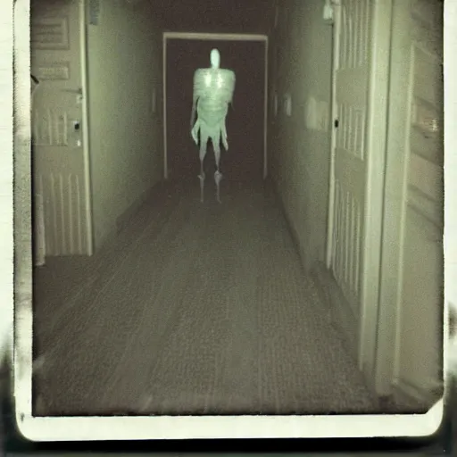 Image similar to a terrifying fungus zombie at the end of a hallway, dark!, creepy, nightmare fuel!!!, horror, horrifying, unsettling, uncanny valley!, old polaroid, expired film,