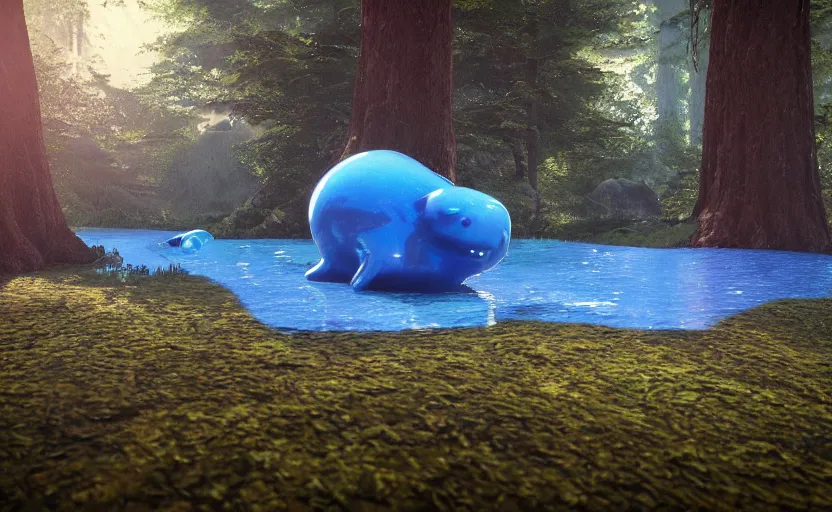 Prompt: a blue slime creature in a forest near a lake at sunrise, hyperrealistic, concept art, photorealistic, octane render, unreal engine 5, path traced, highly detailed, high quality, 8K, soft lighting, geometric, sunrays, trending on Artstation, soft lighting