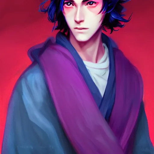 Image similar to colorful and Festive Captivating teenager boy with straight indigo hair, purple eyes with red eye markers, slim body, wearing a detailed Japanese kimono. rich vivid colors, ambient lighting, dynamic lighting, 4k, atmospheric lighting, painted, intricate, highly detailed by Charlie Bowater