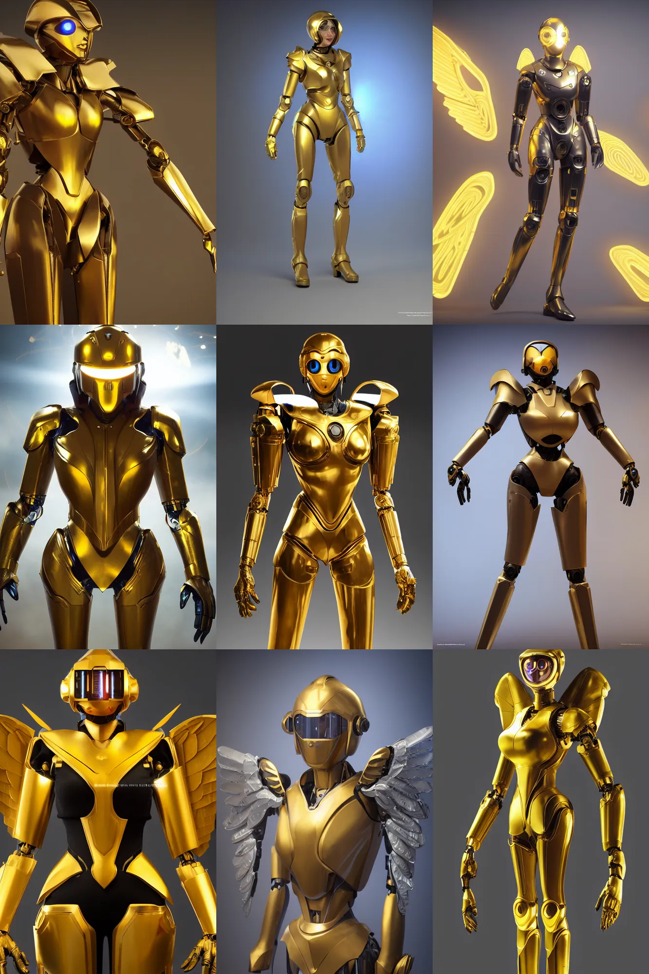 Prompt: maria of metropolis, humanoid robot, golden full body armor, deployed wings, beautiful helmet in the shape of a face, glowing yellow eyes, scifi, futuristic, raytracing, glowwave, sharp focus, cinematic lighting, artstation, divine, unreal engine 5 rendered, by fritz lang, art style by pixar warner bros dreamworks disney riot games and overwatch