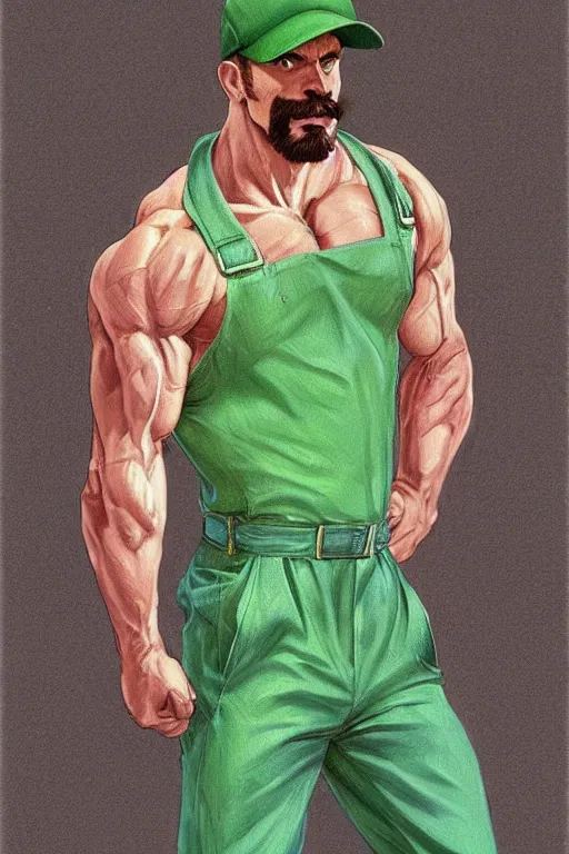 Image similar to gigachad luigi wearing a blue shirt and green overalls by ilya kuvshinov, bodybuilder ernest khalimov, super mario bros symmetrical face concept art, hyper realistic, intricate, elegent, highly detailed, digital painting, concept art, smooth, sharp, focus, illustration, art by artgerm and greg rutkowski and alphonse mucha, artstation