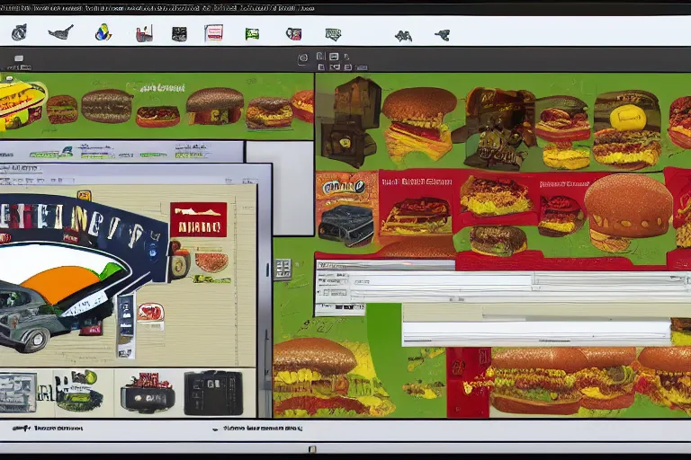 Image similar to hamburger themed gnu / linux desktop environment, linux mint, in 1 9 9 5, y 2 k cybercore, desktop screenshot