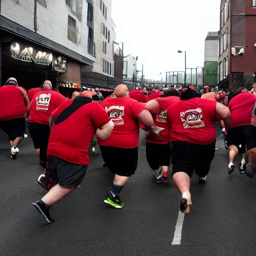 Image similar to a horde of obese men running towards a light in the darkness.