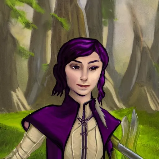 Image similar to anya charlota as a medieval fantasy wood elf, dark purple hair tucked behind ears, wearing a green tunic with a fur lined collar and leather armor, scar across nose, one black, scaled arm, wielding a battleaxe, cinematic, character art, painting, forest background, realistic.