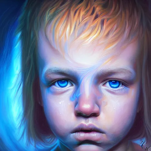 Prompt: visionary art by mandy jurgens, powerful eyes glowing highly detailed painting of deep sadness alone, young blonde boy spiritual portrait, fractal electricity surrounding him, expressive emotional sadness piece, trending on art station, abstract emotional sadness expression, very very very beautiful, fantasy digital art, visionary art, magical fantasy 2 d concept art