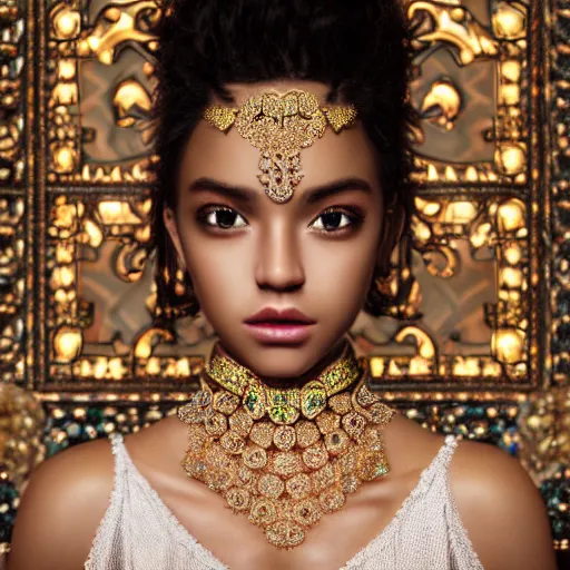 Image similar to portrait of pretty princess with perfect skin, beauty, glowing, ornate and intricate diamond jewelry, jaw dropping, ornate and intricate backdrop, white accent lighting, hyper detailed, 4 k octane render