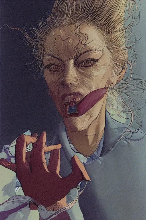 Prompt: zoom out portrait of mad lady scientist, illustration by katsuhiro otomo, brom, moebius concept art