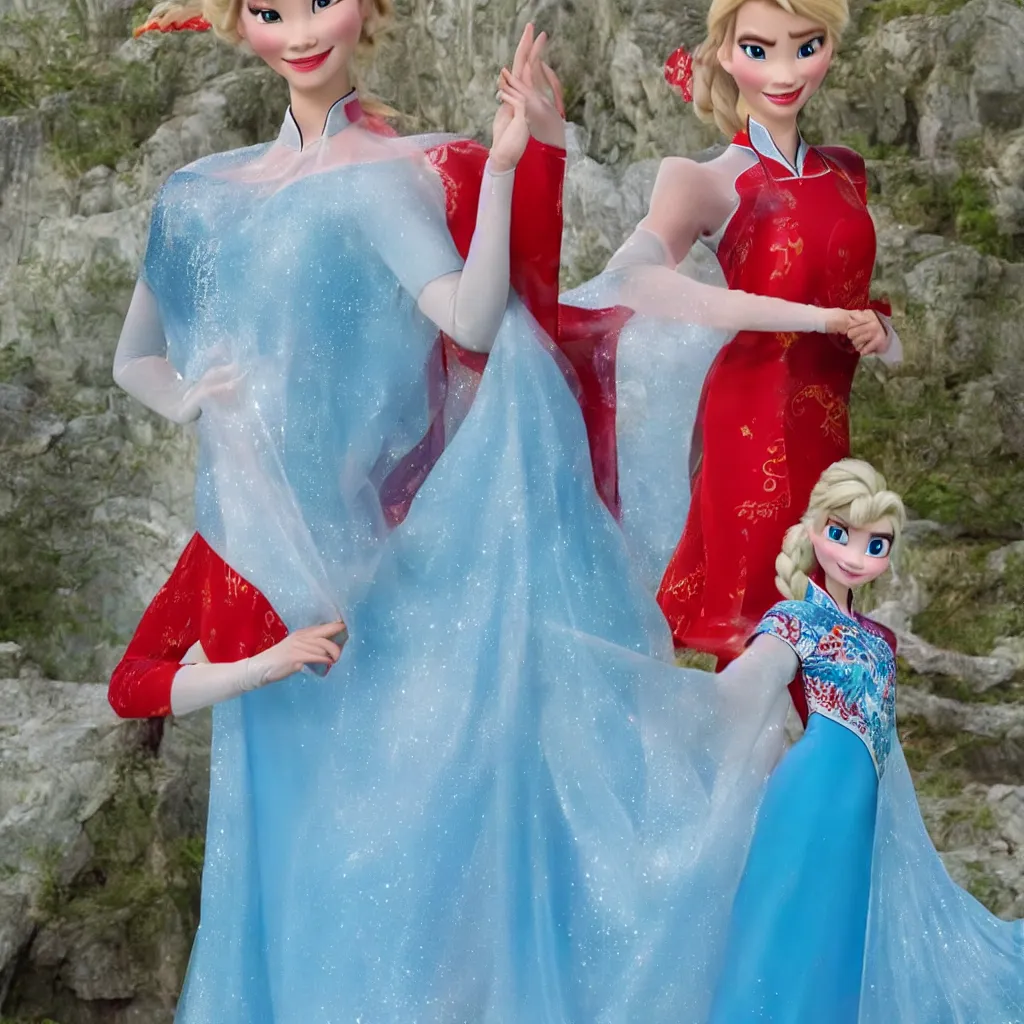 Image similar to elsa is wearing a chinese red cheongsam, frozen, disney style.