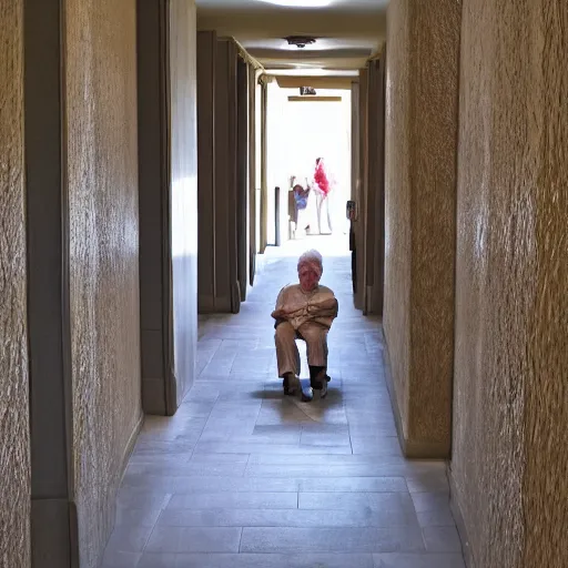 Image similar to an smiling old man camouflaged in a hallway