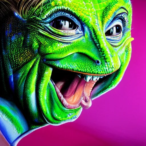 Image similar to president hillary clinton as a smiling laughing bright green lizard person, airbrush painting, hyper detailed, 8 k, photorealism, rule of thirds,.
