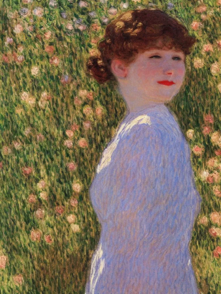 Image similar to a beautiful young girl dressed in 1 9 2 0 s fashion, brown hair, slim, fair, turning her head and smiling, in the sun, out of focus, backlit, close up, oil on canvas, by monet, in the style of le promenade