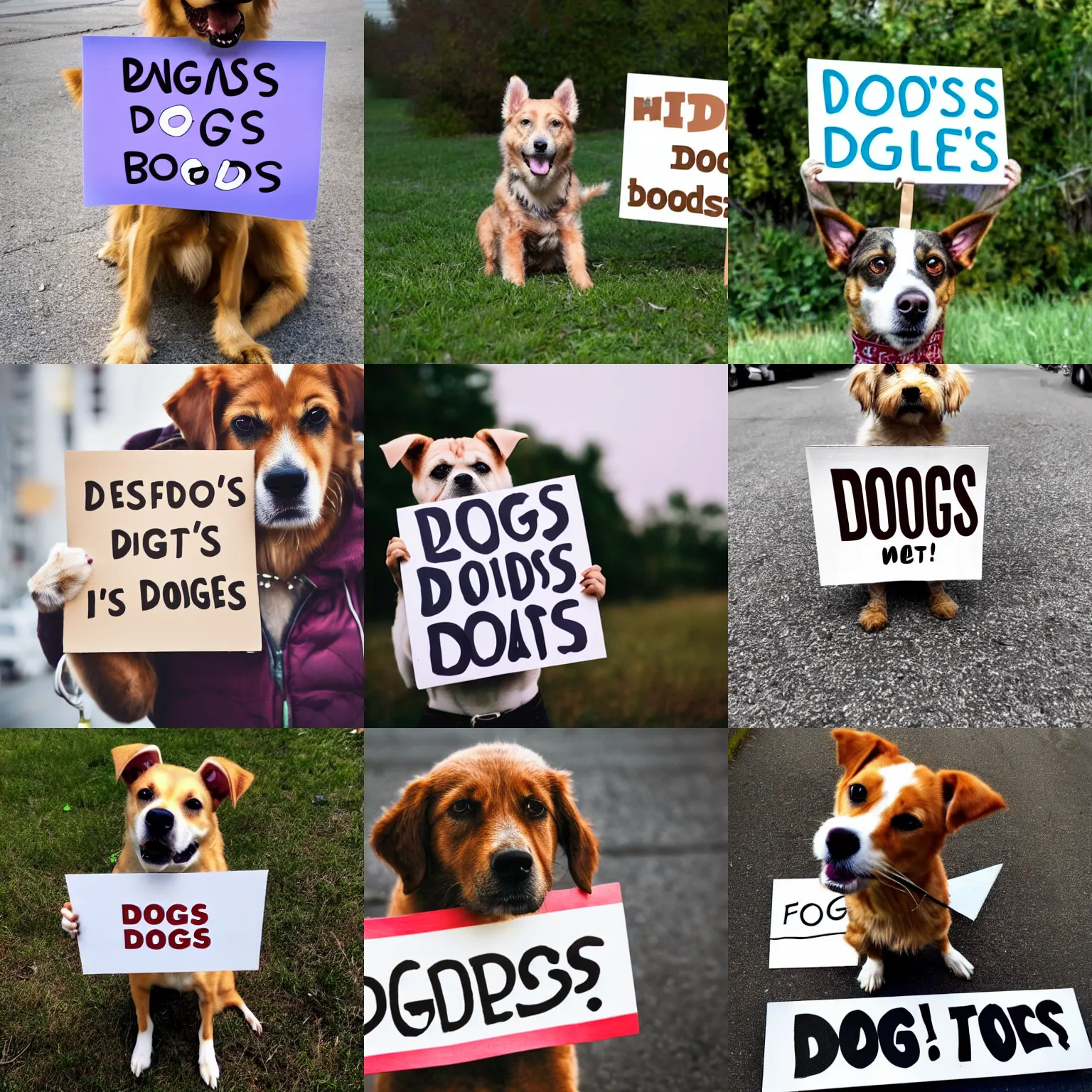 Image similar to realistic high quality photo of a cute dog holding a sign with text that reads : dogs