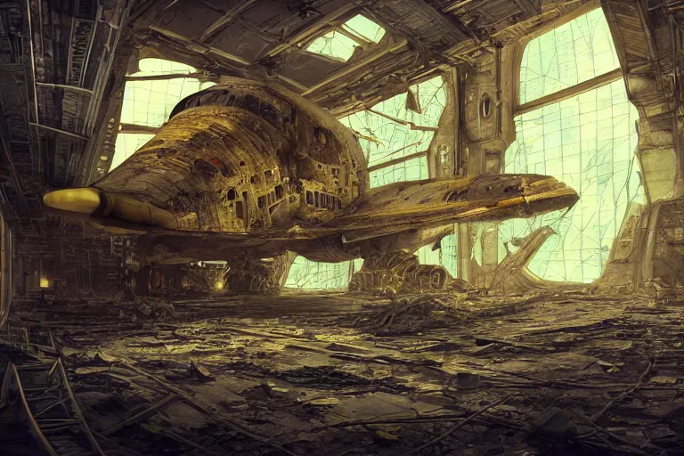 Prompt: abandoned wrecked space shuttle in the interior of an ancient abandoned sci - fi factory an old oak tree grows from the floor golden rays of sunlight enter through the window gold neon lights digital art trending artstation