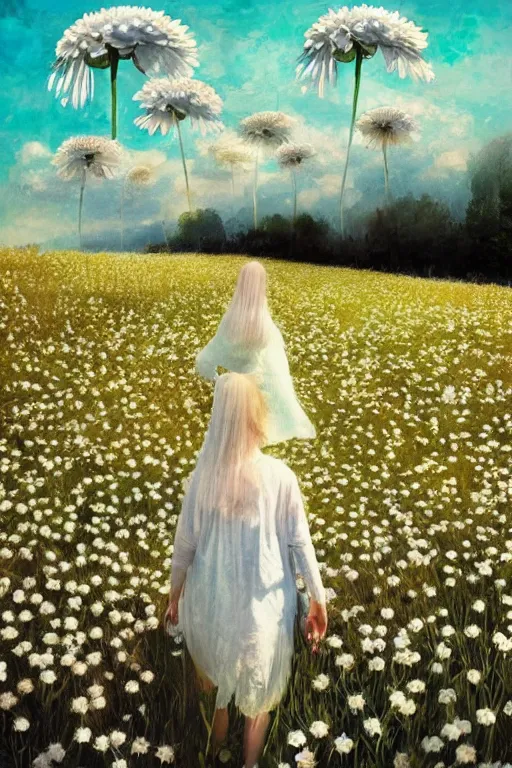 Image similar to giant white daisy flowers over head veil, girl walking in a flower field, surreal photography, sunrise, dramatic light, impressionist painting, colorful clouds, digital painting, artstation, simon stalenhag