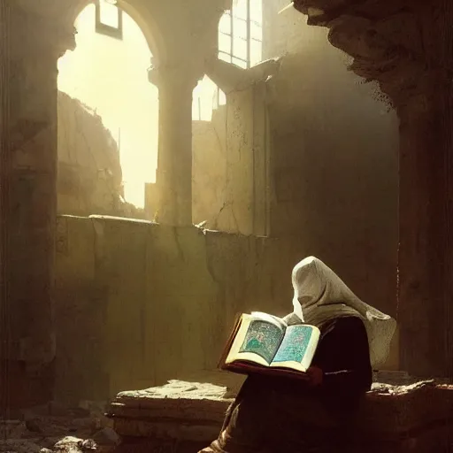 Image similar to half portait of magican wearing a closed cowl and big old book! chained to the wrist, jeremy mann, jean - leon gerome, tiepolo, alphonse mucha, greg rutkowski, face in the shadows, ( ( ruins of ancient rome ) ), at dusk, mysterious atmosphere, sunrays, dof, high detailed, 8 k