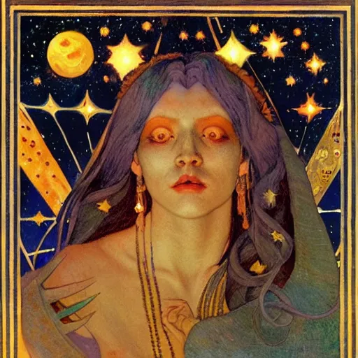 Image similar to queen of the moon with stars in her hair, by nicholas roerich and annie swynnerton and donato giancola and dulac, dramatic lighting, god rays, geometric tattoos, rich colors, smooth sharp focus, extremely detailed, leo and diane dillon, adolf wolfli