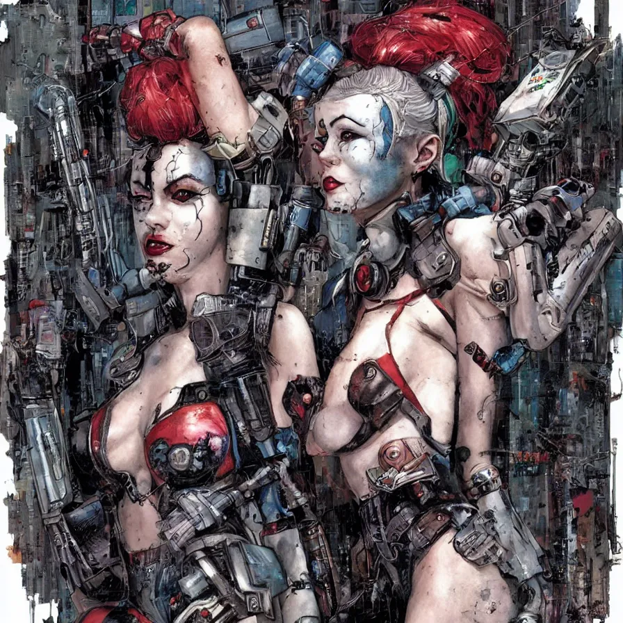 Prompt: a dream portrait of cyberpunk Harley Quinn in post apocalyptic Gotham art by Paul Dini, Travis Charest, Simon Bisley