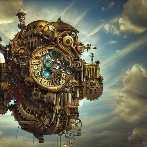 Image similar to flying city in a mechanical flower, sky, fantasy art, steampunk, masterpiece