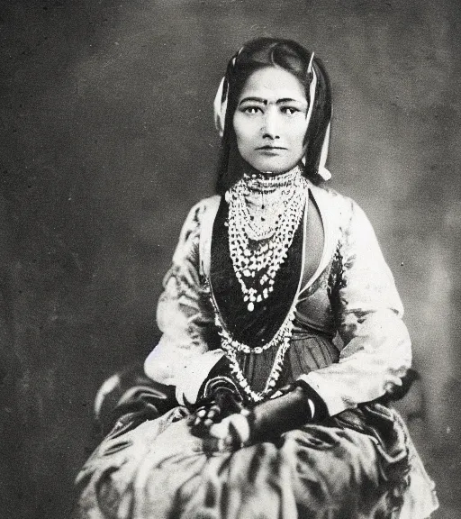 Prompt: vintage_portrait_photo_of_a_beautiful_nepalese_Victorian maiden