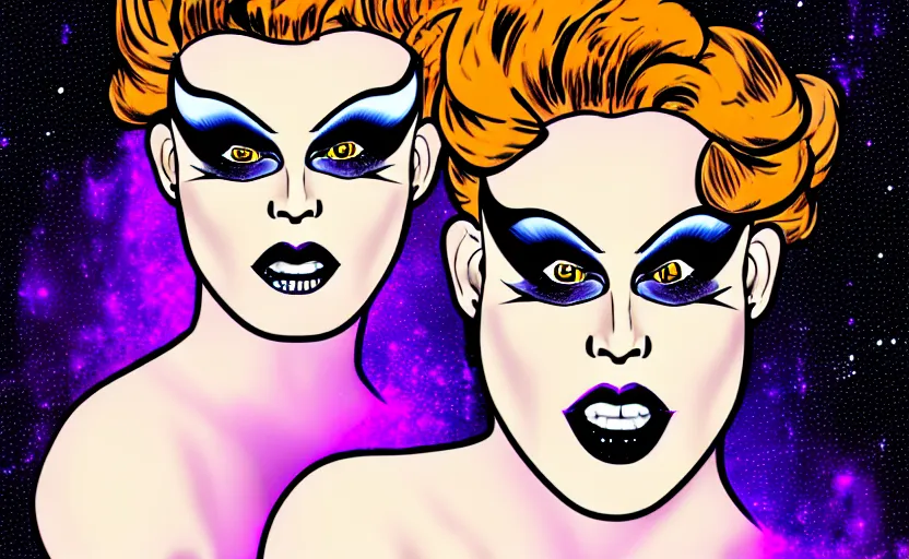 Prompt: drag queen with bruised face on a space ship in comic style