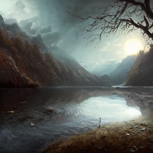 Prompt: michal karcz painting of beautiful landscape. , horror theme, detailed, elegant, intricate, 4k,