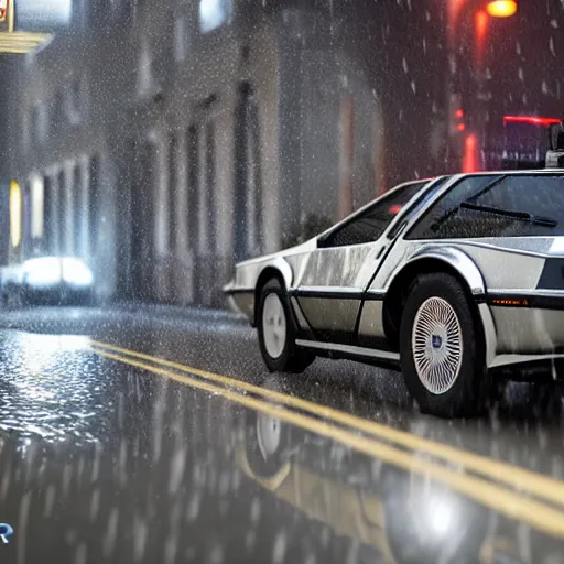 Image similar to hyperdetailed, photorealistic photograph of a dmc 1 2 delorean driving in the streets, rain, night, dense fog, hd, unreal engine 5