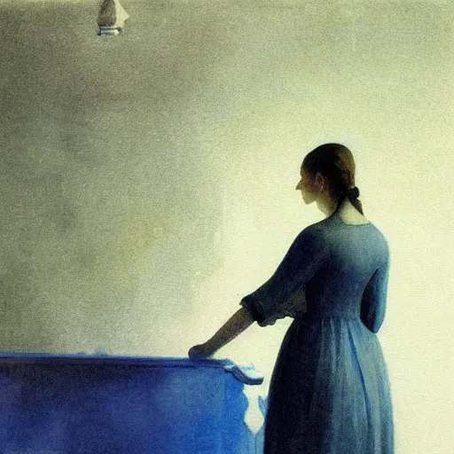 Image similar to close up of a girl in a blue and gold haunted liminal abandoned room, watercolor by ivan biblin, by hammershøi, art noveau, highly detailed, lights by edward hopper, liminal, eerie, bright pastel colors