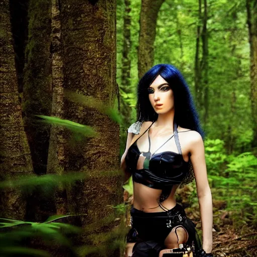 Image similar to sensual cyberpunk girl with mechanical eye in a forest