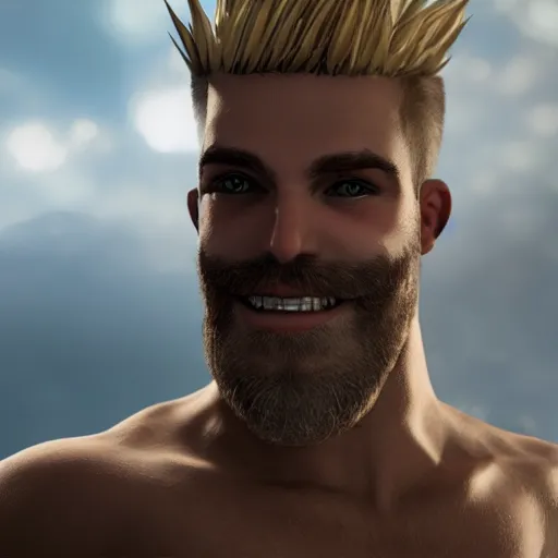 Prompt: attractive strong built irish english man with a chin beard and spiky blonde hair smiling at the camera, unreal engine, character design