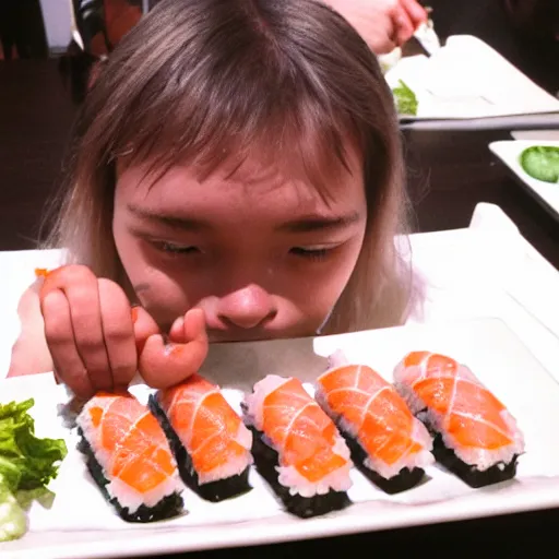 Image similar to neanderthal eating sushi