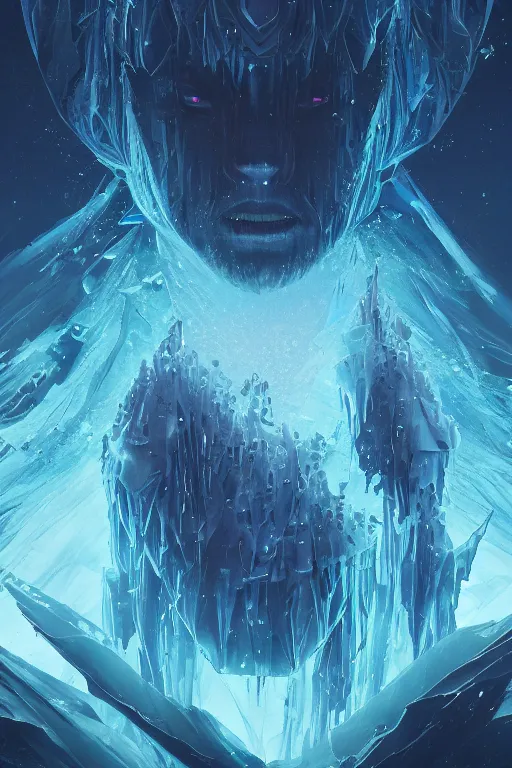 Image similar to A fancy portrait of a crystalized ice Ocean by Greg Rutkowski, beeple, Sung Choi, Mitchell Mohrhauser, Maciej Kuciara, Johnson Ting, Maxim Verehin, Peter Konig, final fantasy, macro lens, 35mm, 8k photorealistic, cinematic lighting, HD, high details, dramatic, dark atmosphere, trending on artstation