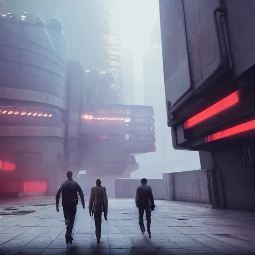 Prompt: two figures in an apocalyptic sci - fi cyberpunk city street beneath a brutalist architecture megastructure, hi - res photo vray blade runner 2 0 4 9, beautiful infrared city, 4 k, 8 k, octane render, street view