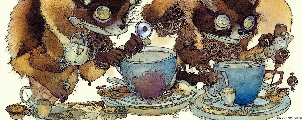 Prompt: an steampunk lemur having a cup of tea, muted colors, by rebecca guay, michael kaluta, charles vess and jean moebius giraud