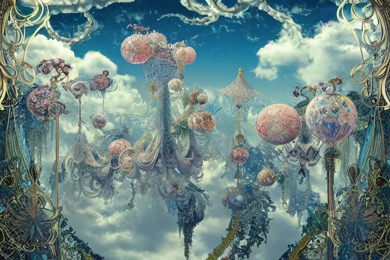 Image similar to a huge flock of many ornate intricate puffy filigreed clouds tangled into large whirling ultra detailed crystal specimens, art nouveau jungle environment, playful, award winning art, epic dreamlike fantasy landscape, ultra realistic,