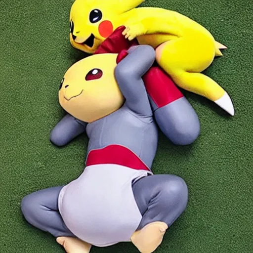 Prompt: pikachu laying down in fetal position, machoke behind him