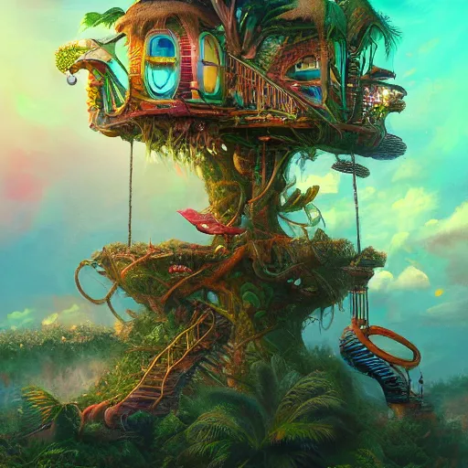 Prompt: tikipunk treehouse, fantasy oil painting, fine art, cinematic lighting, framed focus, hyperdetailed, 8k, high resolution, insanely detailed and intricate, surreal, trending on artstation, octane render