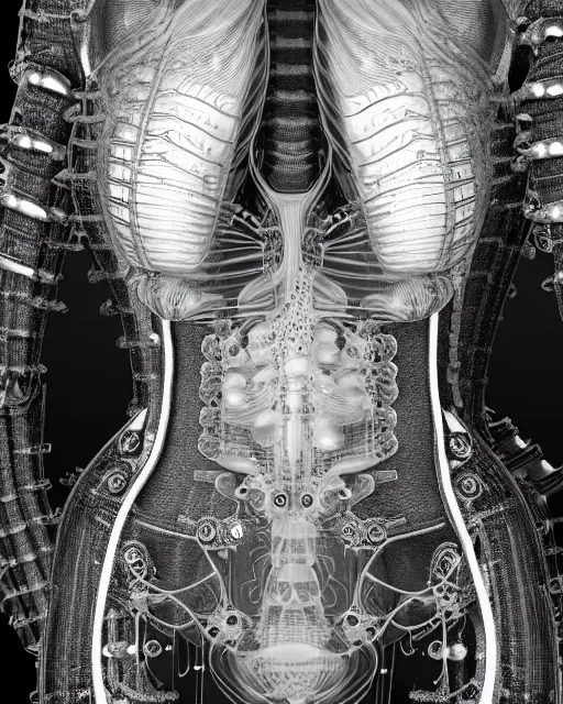 Image similar to mythical dreamy black and white organic translucent bio-mechanical spinal ribbed profile face portrait detail of steampunk mechanical beautiful female angelic-human-queen-realistic-cyborg, highly detailed, intricate crystal jelly ornate, poetic, 3D render, digital art, octane render, 8K artistic photography, photo-realistic, by Dora Maar