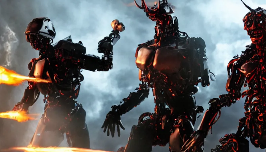 Image similar to big budget action movie about a demonic battle cyborg smashing up a science lab