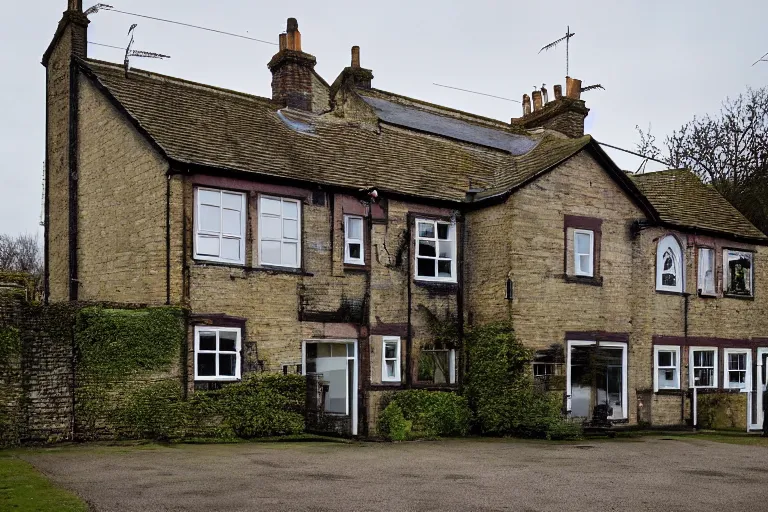 Prompt: cyberpunk, an estate agent listing photo, external view of a 5 bedroom detached countryside house in the UK, by Ravi Zupa