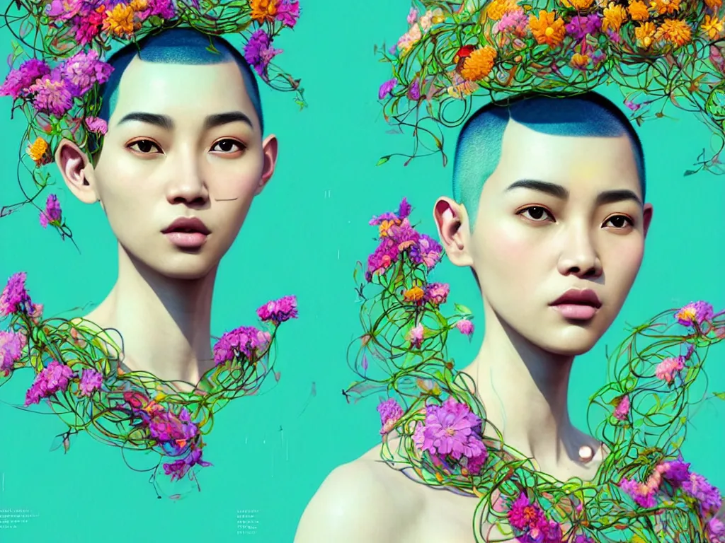 Image similar to colourful vfx art - portrait of south east asian female with buzz cut hair wrapped in flowers & vines, art by hsiao - ron cheng & james jean - presented as magazine collage style, volumetric light, colourful, sharp, detailed, digital painting, illustration, magazine collage, highly detailed, intricate detail, unreal engine, octane render, pinterest, behance, art station