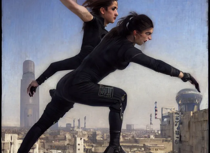 Image similar to Elisa evades sgt Nash. Cyberpunk hacker in jumpsuit escaping menacing police troopers (blade runner 2049). beautiful face. rooftop free running. Iranian orientalist portrait by john william waterhouse and Edwin Longsden Long and Theodore Ralli and Nasreddine Dinet, oil on canvas. Cinematic, hyper realism, realistic proportions, dramatic lighting, high detail 4k