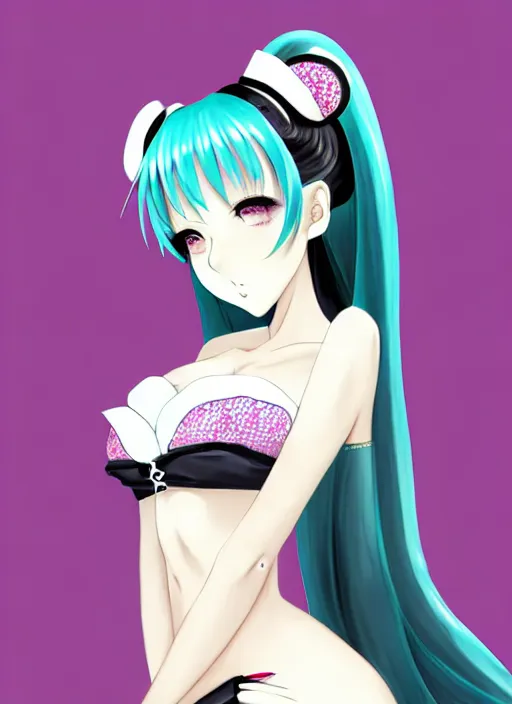 Prompt: glamorous and sexy Geisha schoolgirl, beautiful pale makeup, pearlescent skin, natural beauty, seductive eyes and face, elegant japanese woman, lacivious pose, very detailed face, seductive, sexy push up bras, pale and coloured kimono, photorealism, Anime, cyberpunk, Warhammer, highly detailed Anime art of beautiful Hatsune miku with beautifel legs by rossdraws, magali villeneuve, Gil Elvgren, Alberto Vargas, Earl Moran, Art Frahm, Enoch Bolles