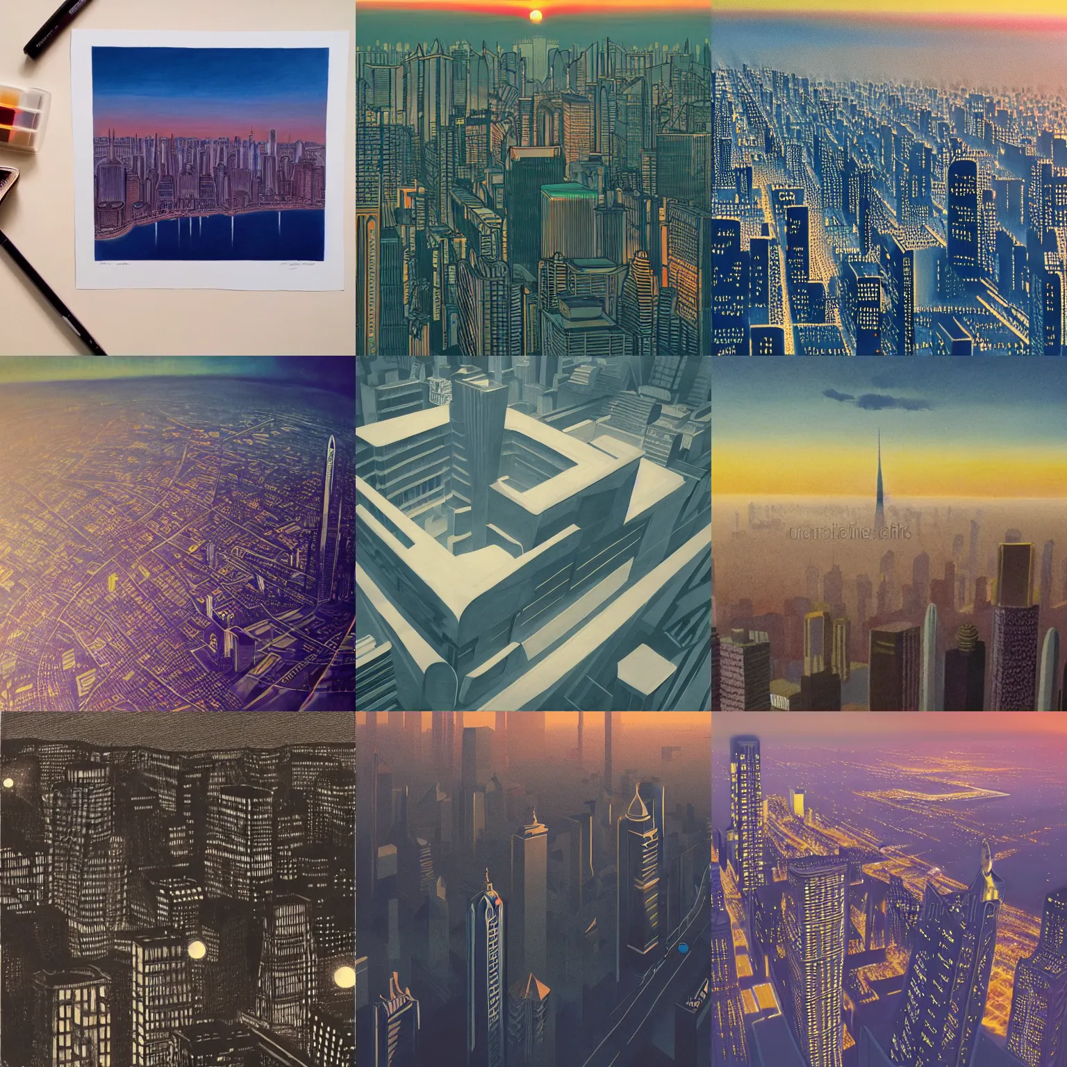 Prompt: beautiful realistic illustration of an Art Deco skyline, aerial photo at dawn